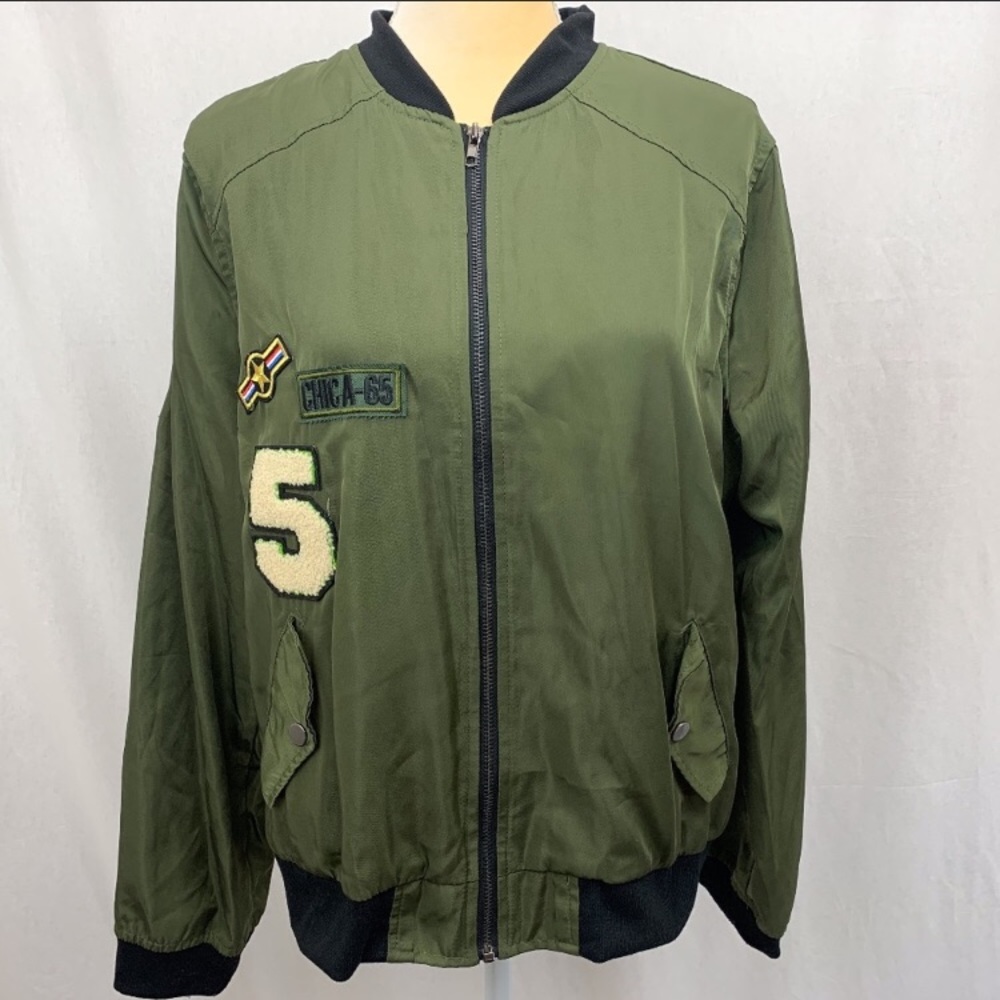 Rue 21 Green Bomber Jacket with Patches